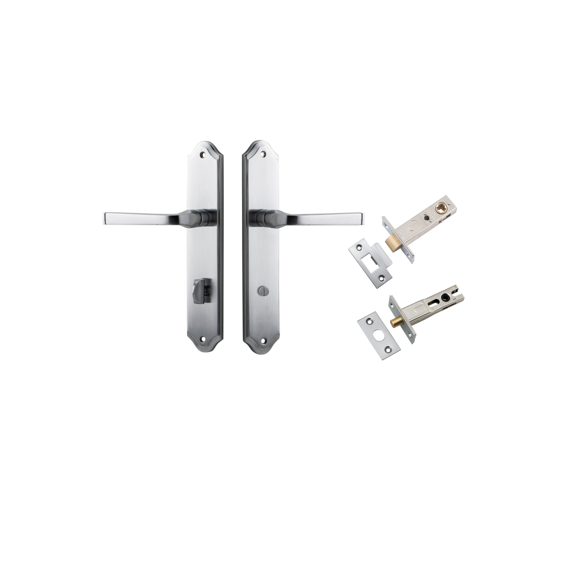 Door Lever Annecy Shouldered Privacy Brushed Chrome CTC85mm H240xW50xP65mm Inbuilt Privacy Kit Tube Latch Split Cam 'T' Striker Brushed Chrome Backset 60mm, Privacy Bolt Round Bolt Brushed Chrome Backset 60mm in Brushed Chrome