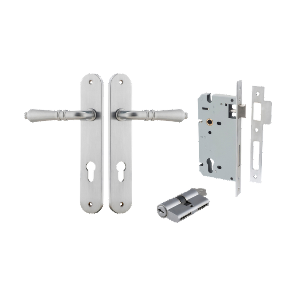 Door Lever Sarlat Oval Euro Brushed Chrome CTC85mm H240xW40xP55mm Entrance Kit Mortice Lock Euro Brushed Chrome CTC85mm Backset 60mm, Euro Cylinder Dual Function 5 Pin Brushed Chrome L65mm KA1 in Brushed Chrome