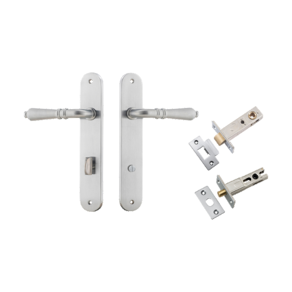 Door Lever Sarlat Oval Privacy Brushed Chrome CTC85mm H240xW40xP55mm Privacy Kit Tube Latch Split Cam 'T' Striker Brushed Chrome Backset 60mm, Privacy Bolt Round Bolt Brushed Chrome Backset 60mm in Brushed Chrome