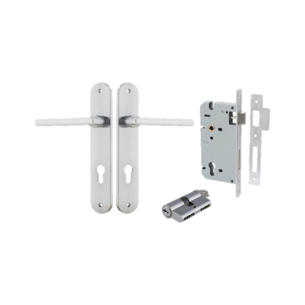 Door Lever Baltimore Oval Euro Brushed Chrome CTC85mm H240xW40xP55mm Entrance Kit Mortice Lock Euro Brushed Chrome CTC85mm Backset 60mm, Euro Cylinder Dual Function 5 Pin Brushed Chrome L65mm KA1 in Brushed Chrome