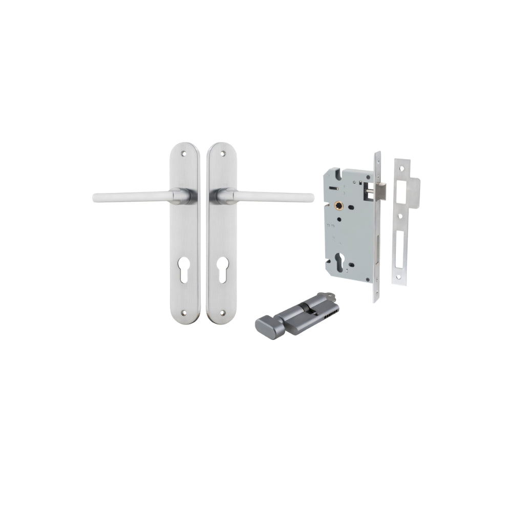 Door Lever Baltimore Oval Euro Brushed Chrome CTC85mm H240xW40xP55mm Entrance Kit Mortice Lock Euro Brushed Chrome CTC85mm Backset 60mm, Euro Cylinder Key Thumb 6 Pin Brushed Chrome L70mm KA1 in Brushed Chrome
