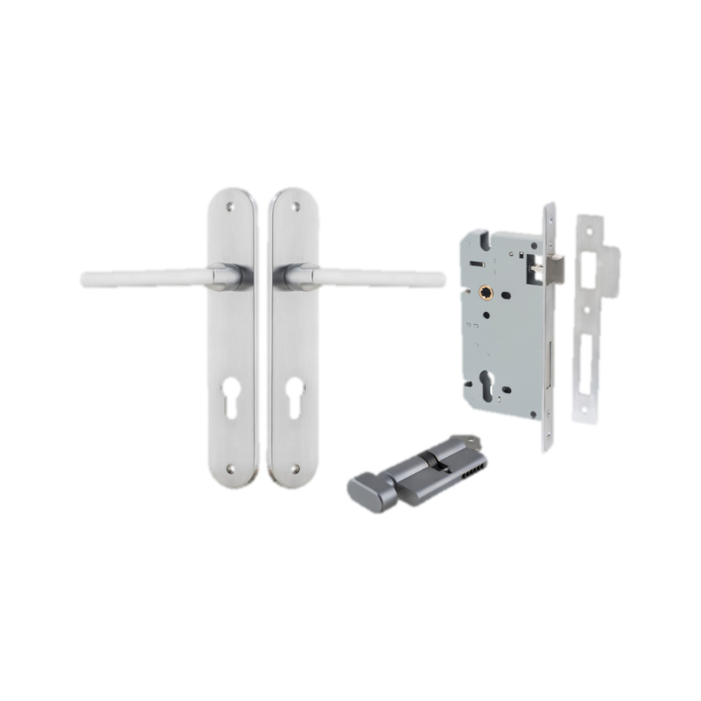 Door Lever Baltimore Oval Euro Brushed Chrome CTC85mm H240xW40xP55mm Entrance Kit Mortice Lock Euro Brushed Chrome CTC85mm Backset 60mm, Euro Cylinder Key Thumb 6 Pin Brushed Chrome L70mm KA1 in Brushed Chrome