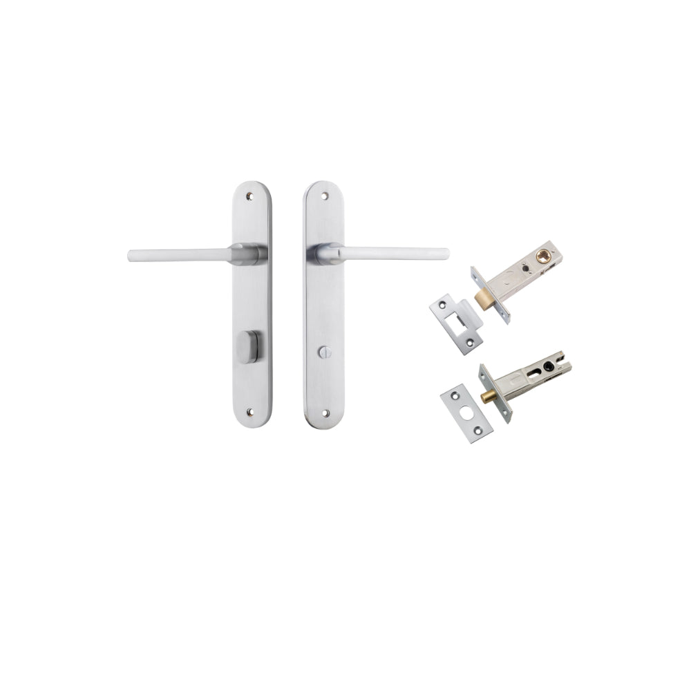 Door Lever Baltimore Oval Privacy Brushed Chrome CTC85mm H240xW40xP55mm Inbuilt Privacy Kit Tube Latch Split Cam 'T' Striker Brushed Chrome Backset 60mm, Privacy Bolt Round Bolt Brushed Chrome Backset 60mm in Brushed Chrome