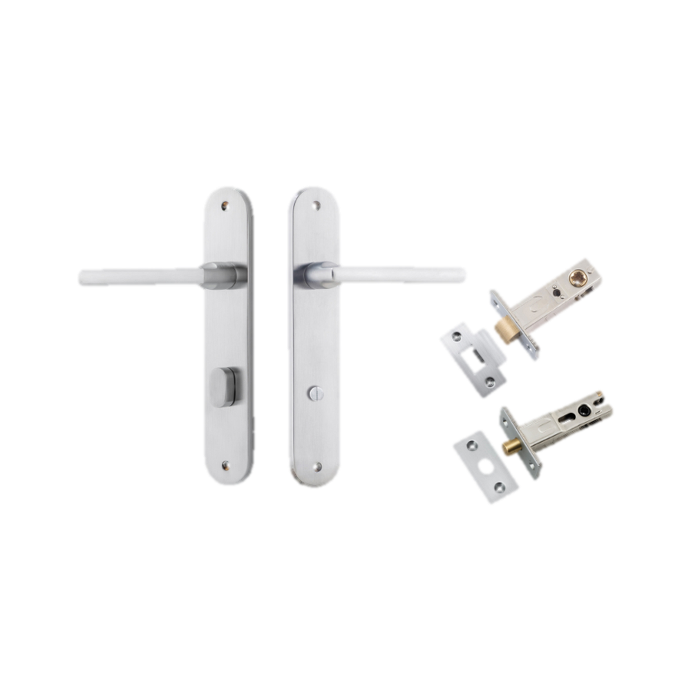 Door Lever Baltimore Oval Privacy Brushed Chrome CTC85mm H240xW40xP55mm Inbuilt Privacy Kit Tube Latch Split Cam 'T' Striker Brushed Chrome Backset 60mm, Privacy Bolt Round Bolt Brushed Chrome Backset 60mm in Brushed Chrome