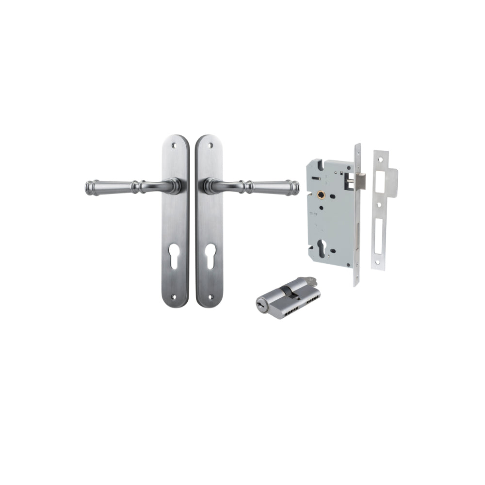 Door Lever Verona Oval Euro Brushed Chrome CTC85mm H240xW40xP59mm Entrance Kit Mortice Lock Euro Brushed Chrome CTC85mm Backset 60mm, Euro Cylinder Dual Function 5 Pin Brushed Chrome L65mm KA1 in Brushed Chrome