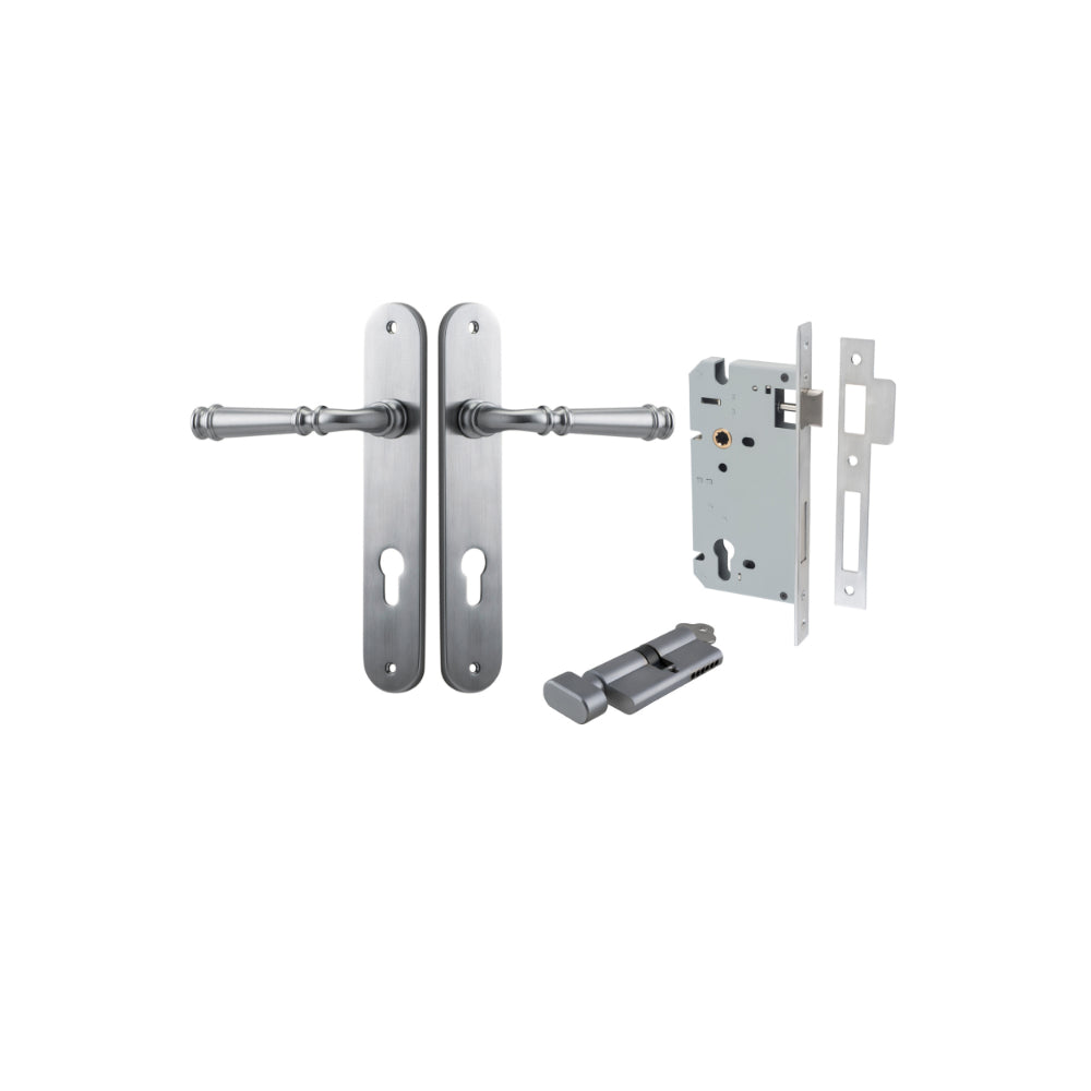 Door Lever Verona Oval Euro Brushed Chrome CTC85mm H240xW40xP59mm Entrance Kit Mortice Lock Euro Brushed Chrome CTC85mm Backset 60mm, Euro Cylinder Key Thumb 6 Pin Brushed Chrome L70mm KA1 in Brushed Chrome