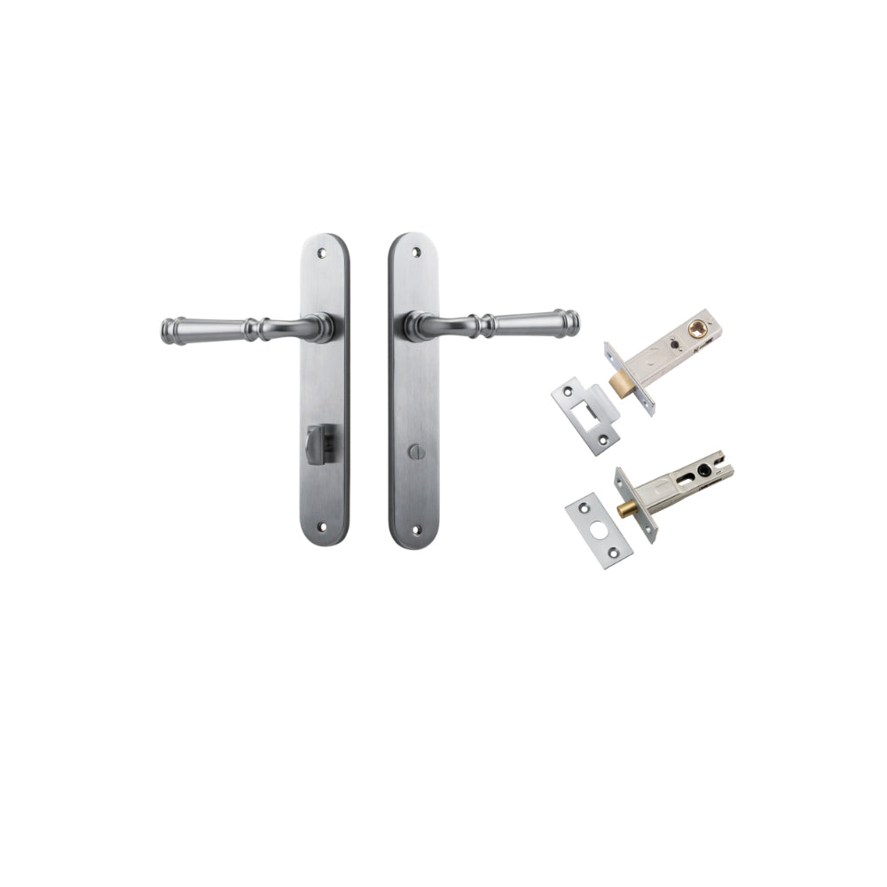 Door Lever Verona Oval Privacy Brushed Chrome CTC85mm H240xW40xP59mm Inbuilt Privacy Kit Tube Latch Split Cam 'T' Striker Brushed Chrome Backset 60mm, Privacy Bolt Round Bolt Brushed Chrome Backset 60mm in Brushed Chrome