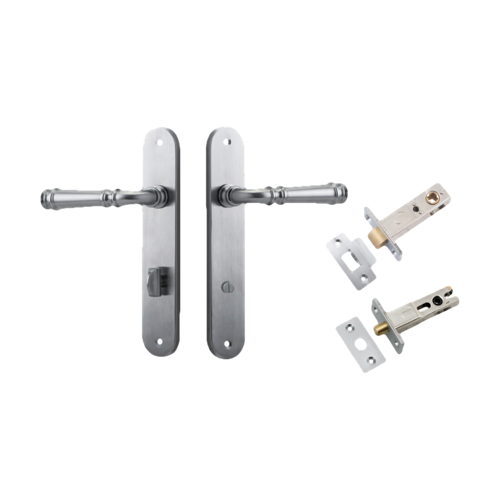 Door Lever Verona Oval Privacy Brushed Chrome CTC85mm H240xW40xP59mm Inbuilt Privacy Kit Tube Latch Split Cam 'T' Striker Brushed Chrome Backset 60mm, Privacy Bolt Round Bolt Brushed Chrome Backset 60mm in Brushed Chrome
