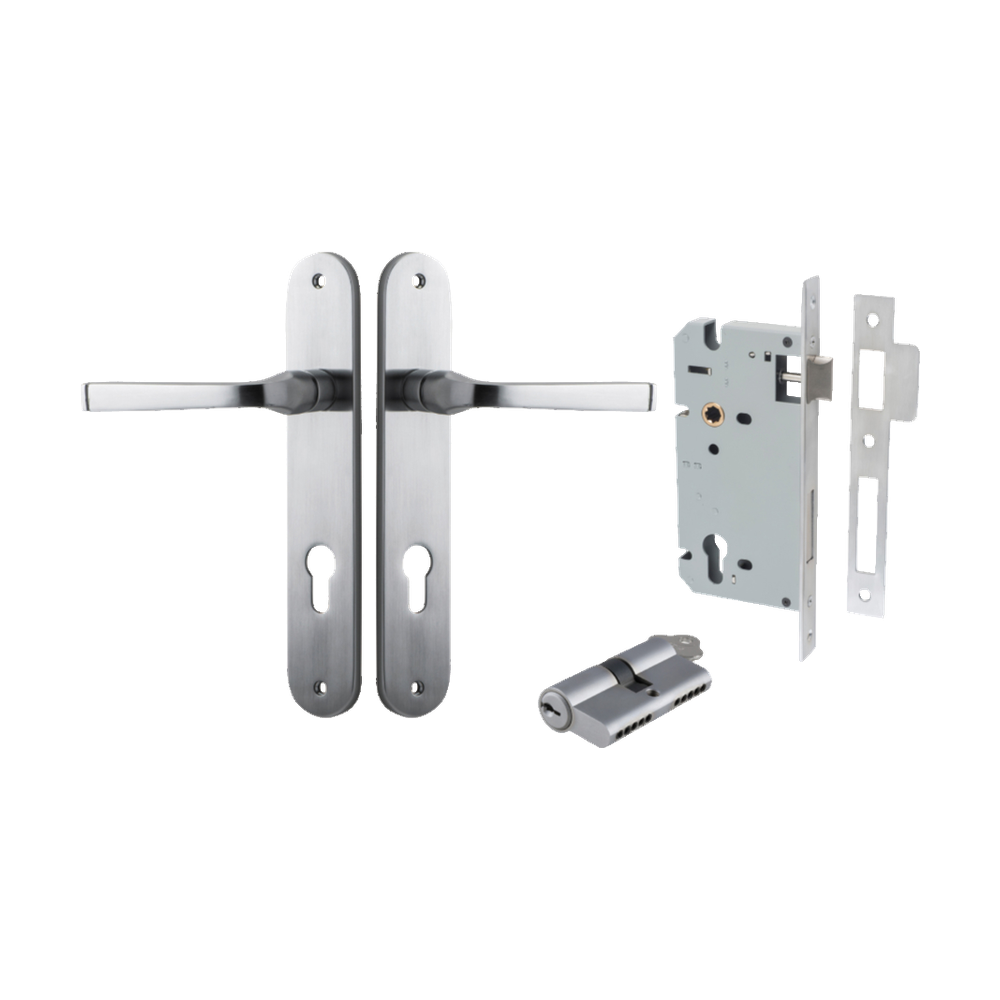 Door Lever Annecy Oval Euro Brushed Chrome CTC85mm H240xW40xP62mm Entrance Kit Mortice Lock Euro Brushed Chrome CTC85mm Backset 60mm, Euro Cylinder Dual Function 5 Pin Brushed Chrome L65mm KA1 in Brushed Chrome