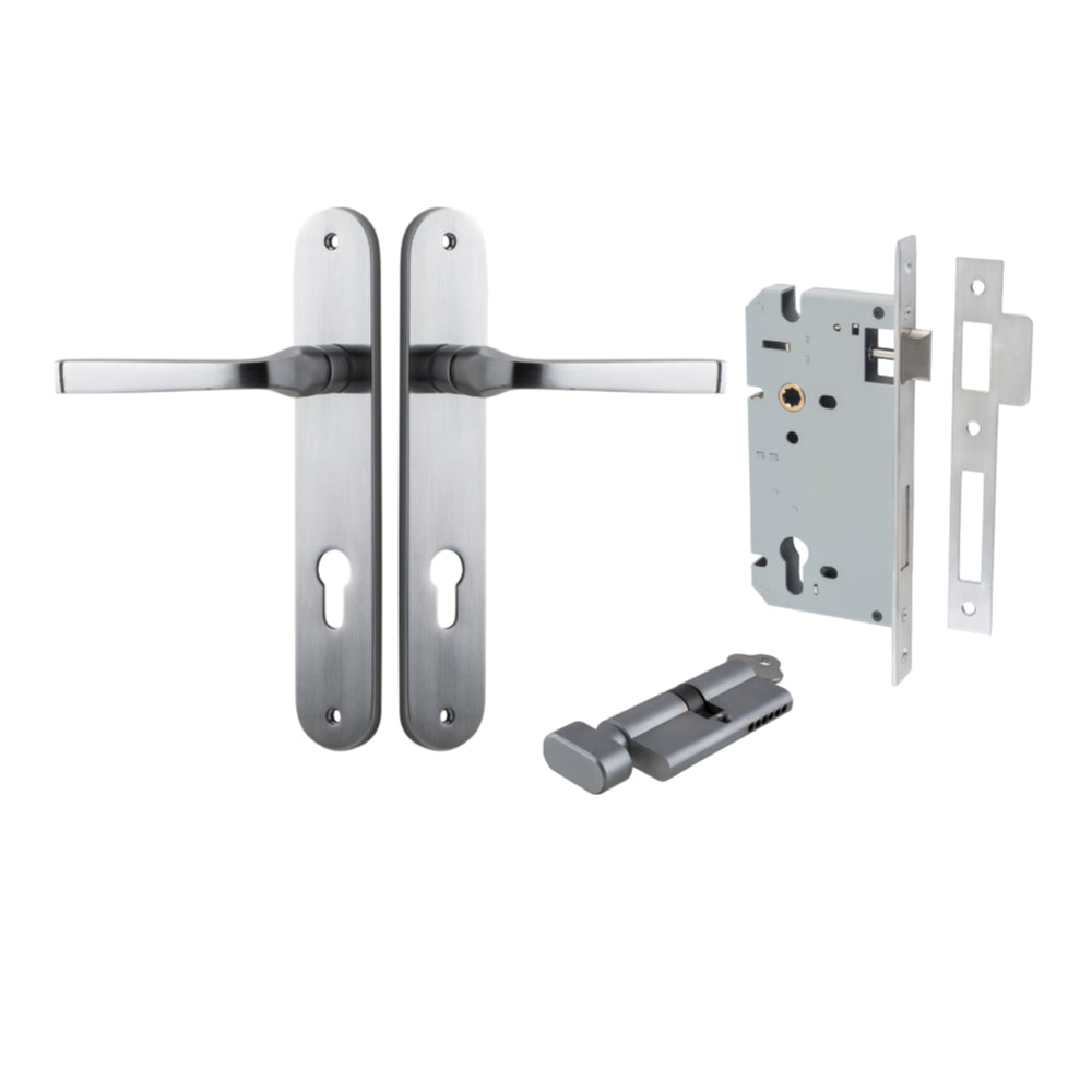 Door Lever Annecy Oval Euro Brushed Chrome CTC85mm H240xW40xP62mm Entrance Kit Mortice Lock Euro Brushed Chrome CTC85mm Backset 60mm, Euro Cylinder Key Thumb 6 Pin Brushed Chrome L70mm KA1 in Brushed Chrome