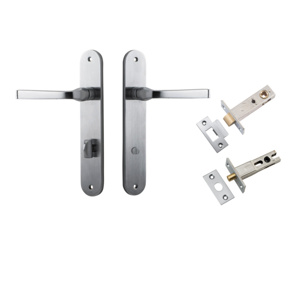Door Lever Annecy Oval Privacy Brushed Chrome CTC85mm H240xW40xP62mm Inbuilt Privacy Kit Tube Latch Split Cam 'T' Striker Brushed Chrome Backset 60mm, Privacy Bolt Round Bolt Brushed Chrome Backset 60mm in Brushed Chrome