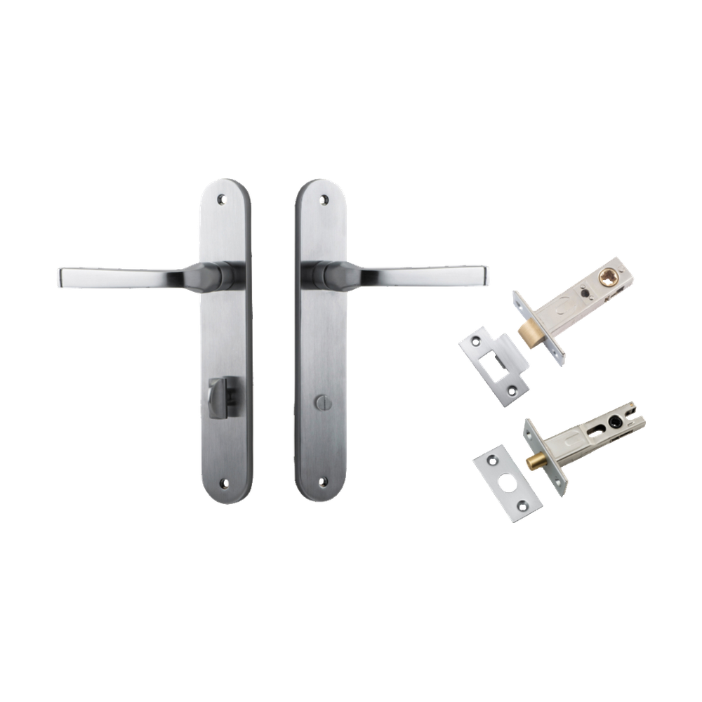 Door Lever Annecy Oval Privacy Brushed Chrome CTC85mm H240xW40xP62mm Inbuilt Privacy Kit Tube Latch Split Cam 'T' Striker Brushed Chrome Backset 60mm, Privacy Bolt Round Bolt Brushed Chrome Backset 60mm in Brushed Chrome