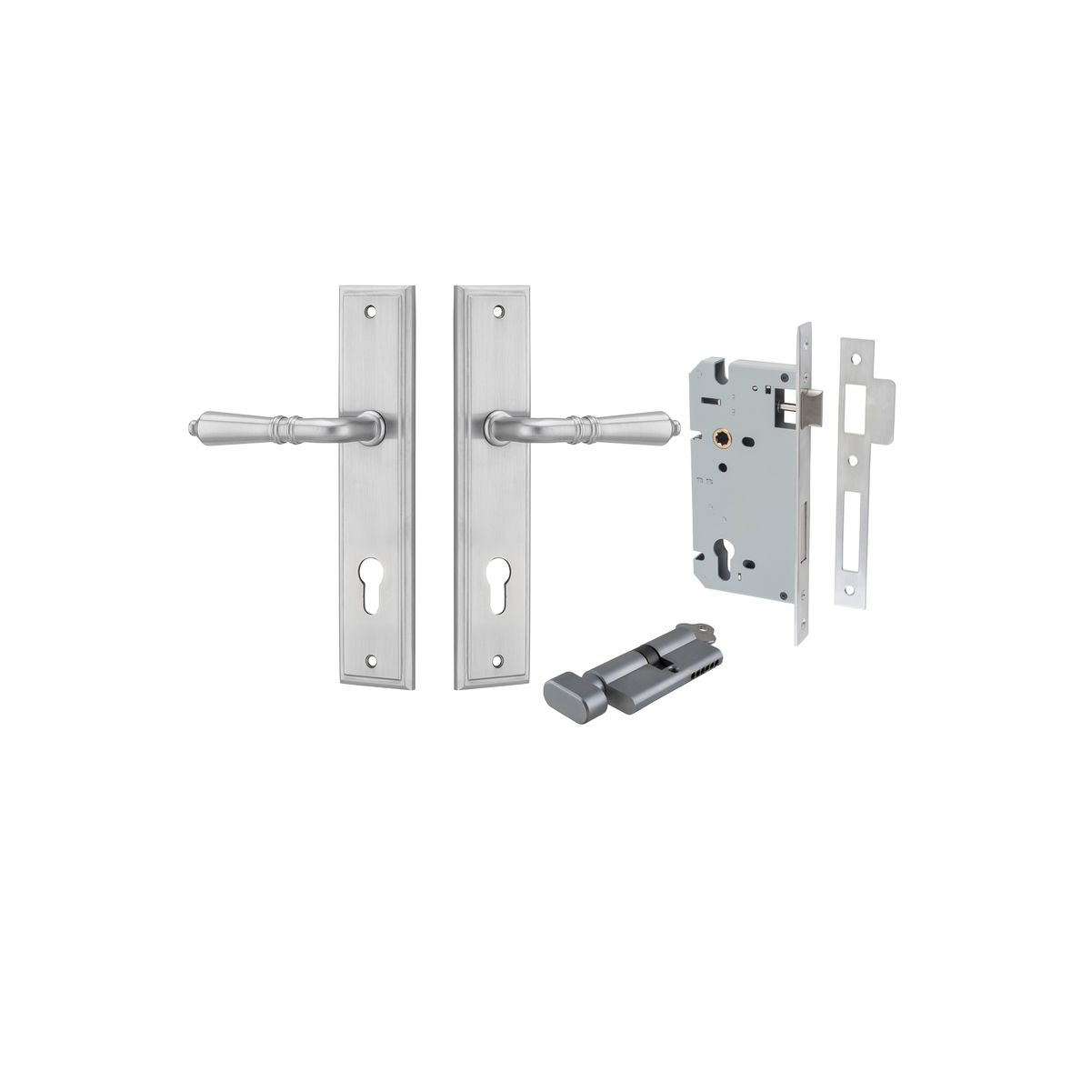Pair of Iver Sarlat lever door handles on stepped backplate, featuring a sleek, modern design in a polished finish.