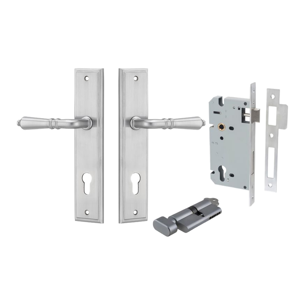 Door Lever Sarlat Stepped Brushed Chrome Key / Thumb Entrance Kit in Brushed Chrome