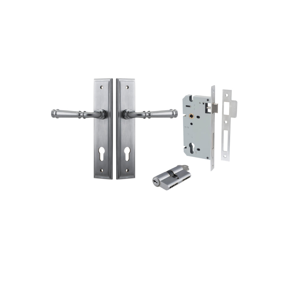 Door Lever Verona Stepped Euro Brushed Chrome CTC85mm H240xW50xP59mm Entrance Kit Mortice Lock Euro Brushed Chrome CTC85mm Backset 60mm, Euro Cylinder Dual Function 5 Pin Brushed Chrome L65mm KA1 in Brushed Chrome