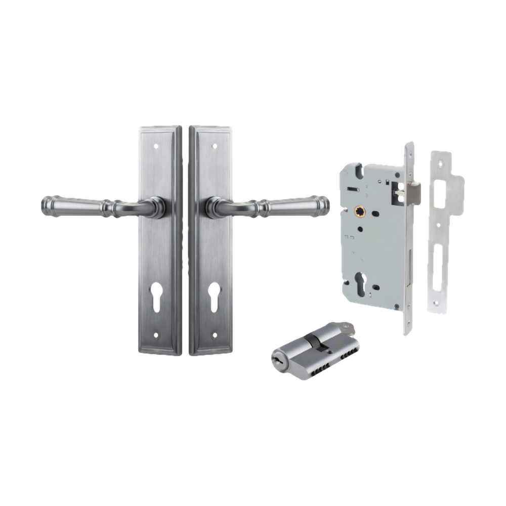 Pair of Iver Verona lever door handles on stepped backplates, showcasing modern architectural hardware design.