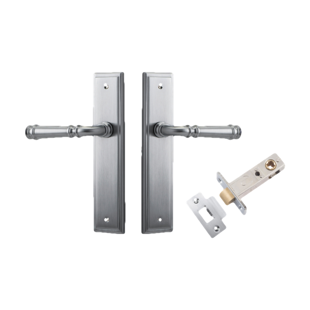Pair of Iver Verona lever handles on stepped backplates, architectural hardware for doors, in a sleek, modern design.