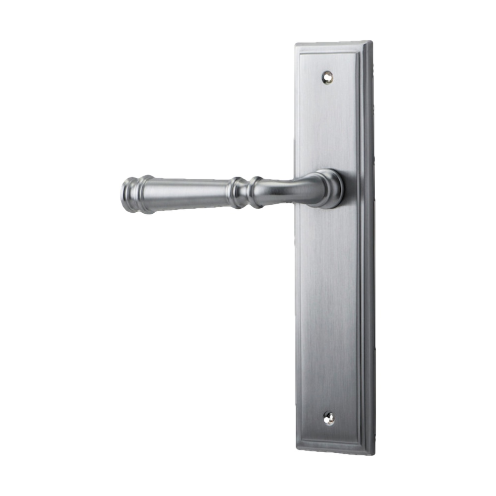 Pair of Iver Verona lever handles on stepped backplates, showcasing elegant architectural hardware design for doors.