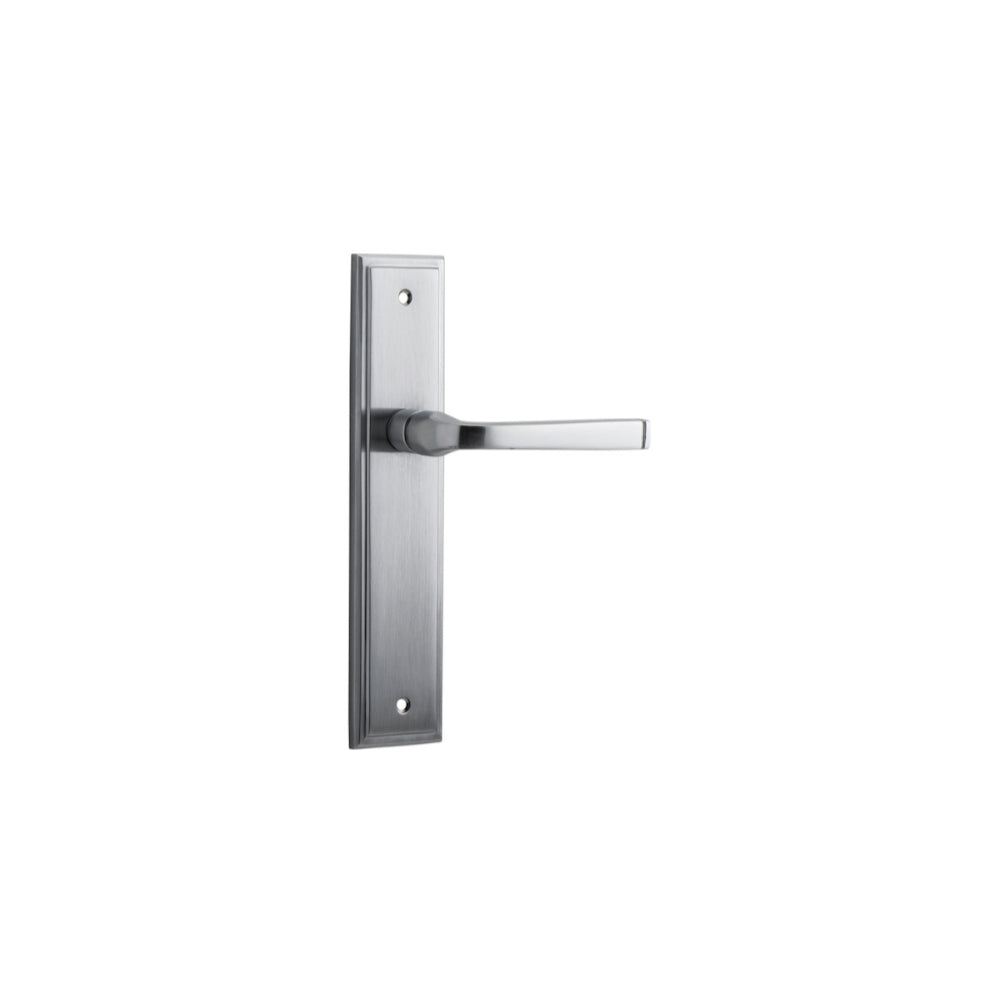 Pair of Iver Annecy lever handles on stepped backplates, featuring elegant brass finish and classic design for interior doors.