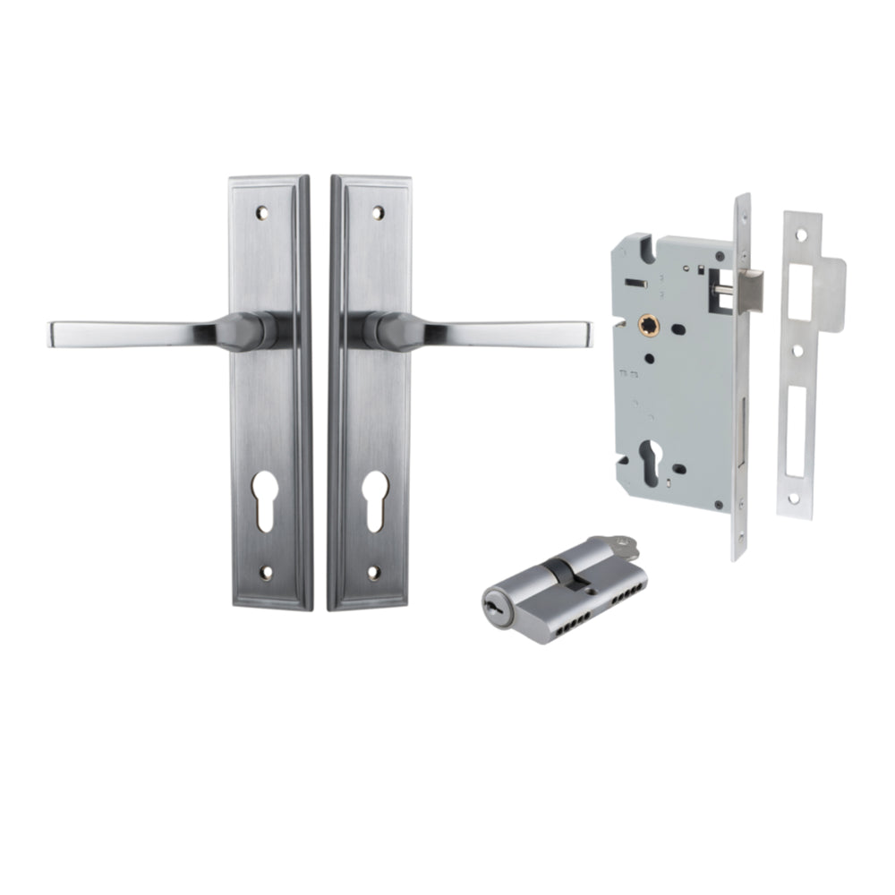 Door Lever Annecy Stepped Euro Brushed Chrome CTC85mm H240xW50xP65mm Entrance Kit Mortice Lock Euro Brushed Chrome CTC85mm Backset 60mm, Euro Cylinder Dual Function 5 Pin Brushed Chrome L65mm KA1 in Brushed Chrome