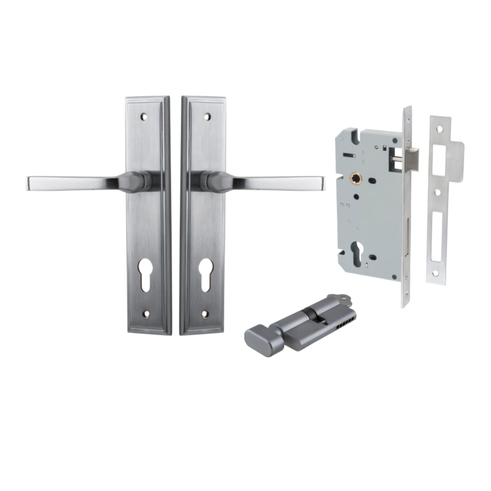 Door Lever Annecy Stepped Euro Brushed Chrome CTC85mm H240xW50xP65mm Entrance Kit Mortice Lock Euro Brushed Chrome CTC85mm Backset 60mm, Euro Cylinder Key Thumb 6 Pin Brushed Chrome L70mm KA1 in Brushed Chrome