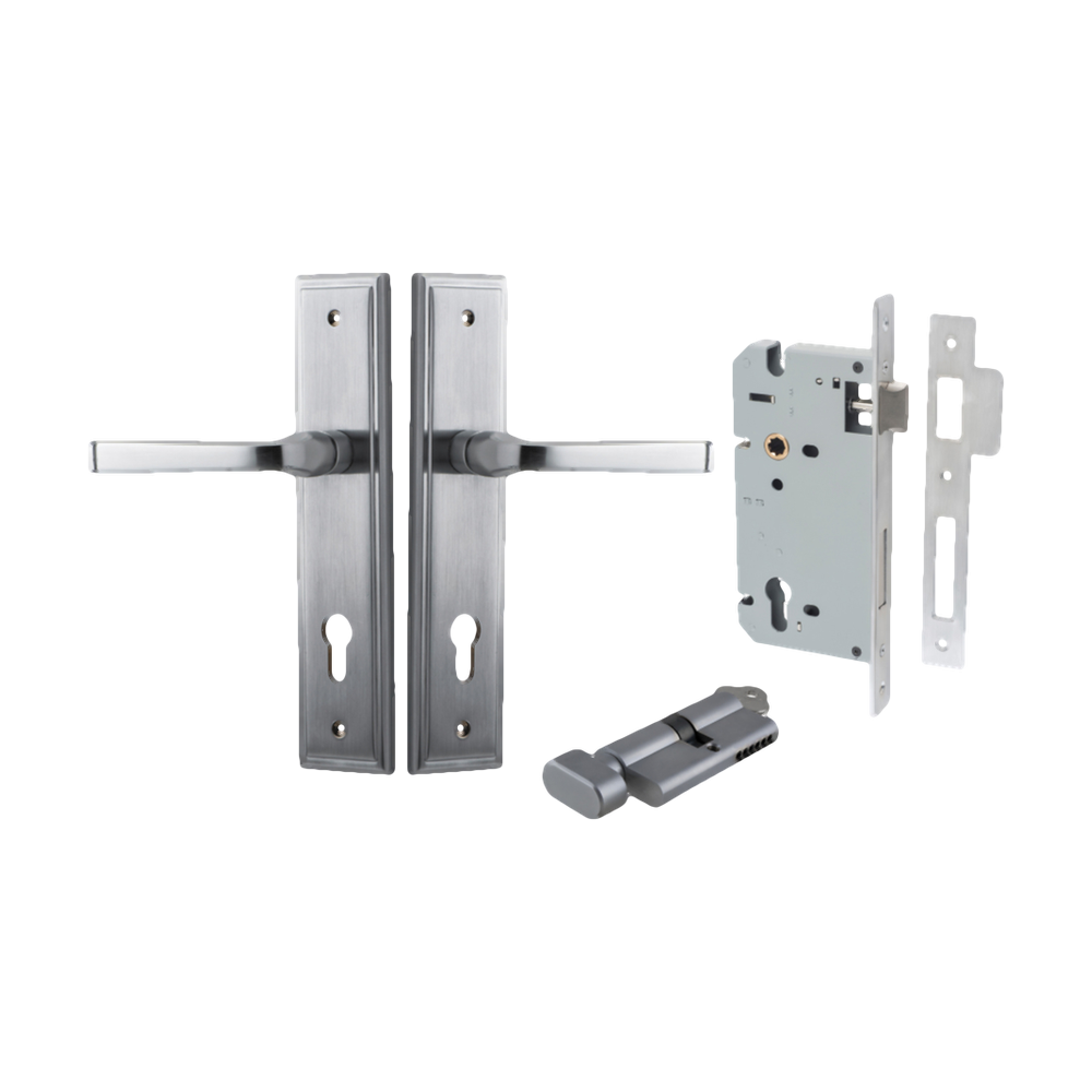 Door Lever Annecy Stepped Euro Brushed Chrome CTC85mm H240xW50xP65mm Entrance Kit Mortice Lock Euro Brushed Chrome CTC85mm Backset 60mm, Euro Cylinder Key Thumb 6 Pin Brushed Chrome L70mm KA1 in Brushed Chrome