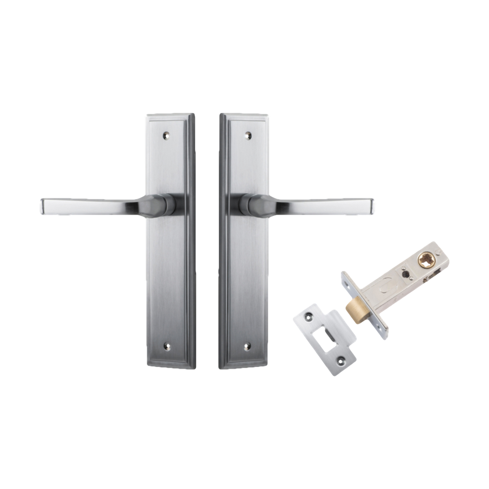 Door Lever Annecy Stepped Latch Brushed Chrome H240xW50xP65mm Passage Kit Tube Latch Split Cam 'T' Striker Brushed Chrome Backset 60mm in Brushed Chrome