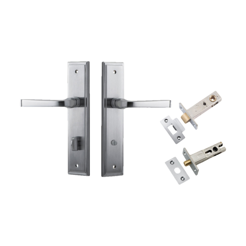 Door Lever Annecy Stepped Privacy Brushed Chrome CTC85mm H240xW50xP65mm Inbuilt Privacy Kit Tube Latch Split Cam 'T' Striker Brushed Chrome Backset 60mm, Privacy Bolt Round Bolt Brushed Chrome Backset 60mm in Brushed Chrome