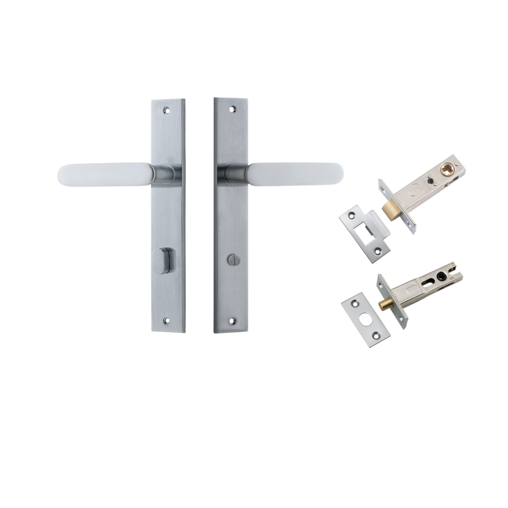 Door Lever Bronte on Long Backplate Privacy Brushed Chrome CTC85mm L117xP53mm BPH240xW38mm Privacy Kit Tube Latch Split Cam 'T' Striker Brushed Chrome Backset 60mm, Privacy Bolt Round Bolt Brushed Chrome Backset 60mm in Brushed Chrome