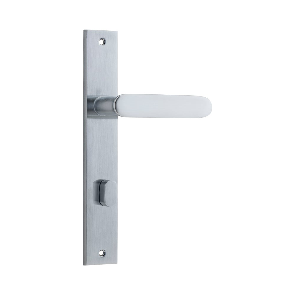 Door Lever Bronte Rectangular Privacy Brushed Chrome CTC85mm H240xW38xP65mm in Brushed Chrome