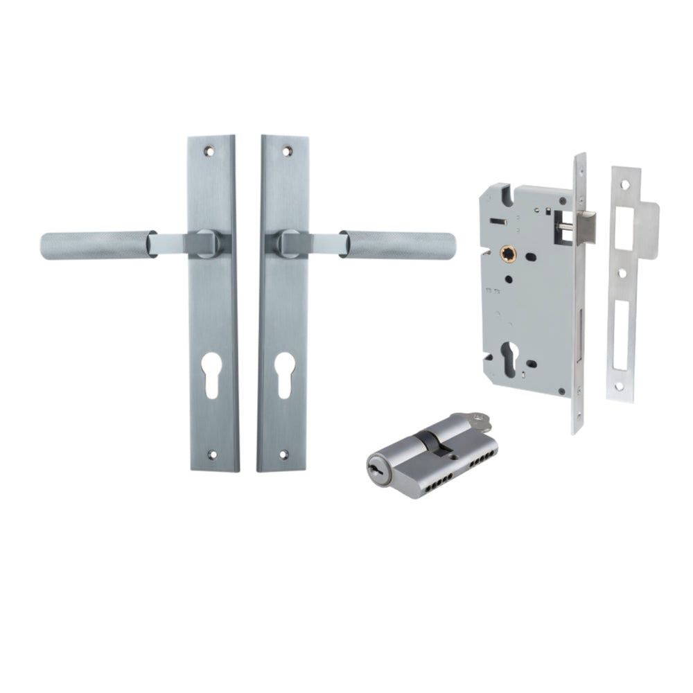 Door Lever Brunswick Rectangular Euro Pair Brushed Chrome CTC85mm L120xP57mm BPH240xW38mm, Mortice Lock Euro Brushed Chrome CTC85mm Backset 60mm, Euro Cylinder Dual Function 5 Pin Brushed Chrome 65mm KA4 in Brushed Chrome