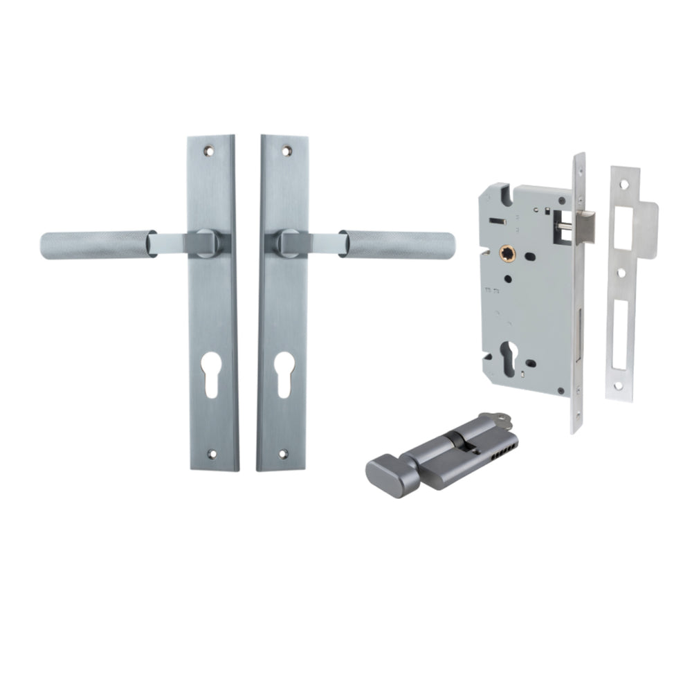 Door Lever Brunswick Rectangular Euro Pair Brushed Chrome CTC85mm L120xP57mm BPH240xW38mm, Mortice Lock Euro Brushed Chrome CTC85mm Backset 60mm, Euro Cylinder Key Thumb 5 Pin Brushed Chrome 65mm KA4 in Brushed Chrome