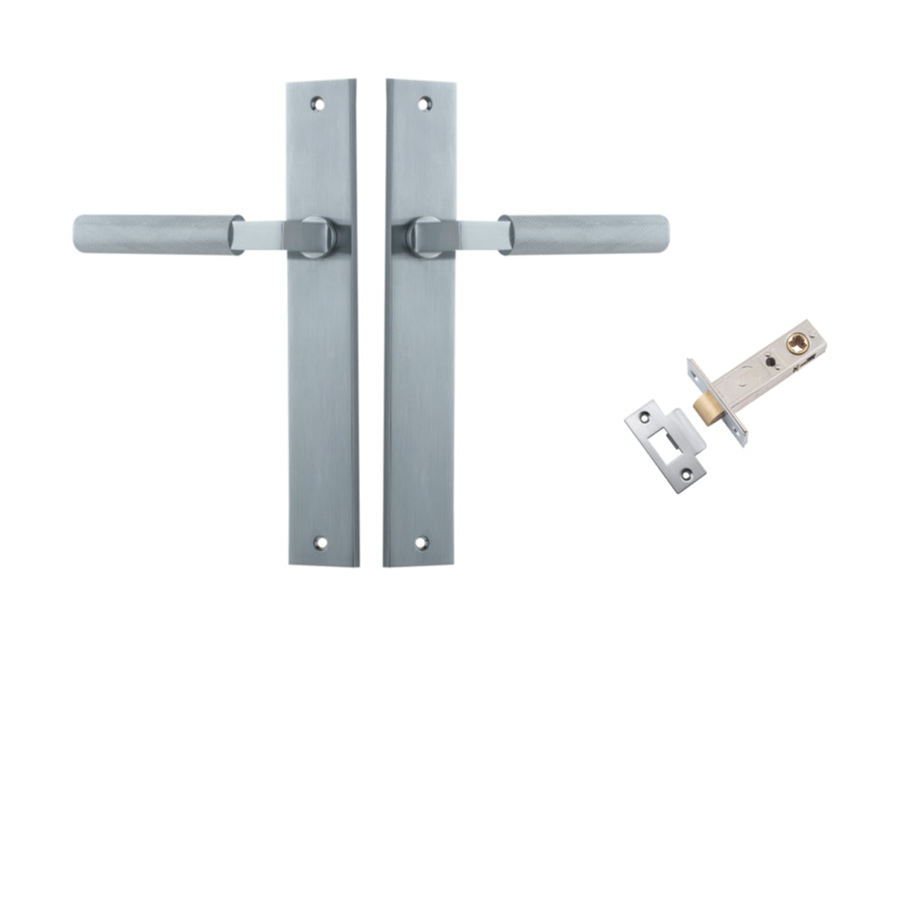 Pair of Iver Brunswick lever door handles on rectangular backplates, featuring a sleek, modern design perfect for contemporary interiors