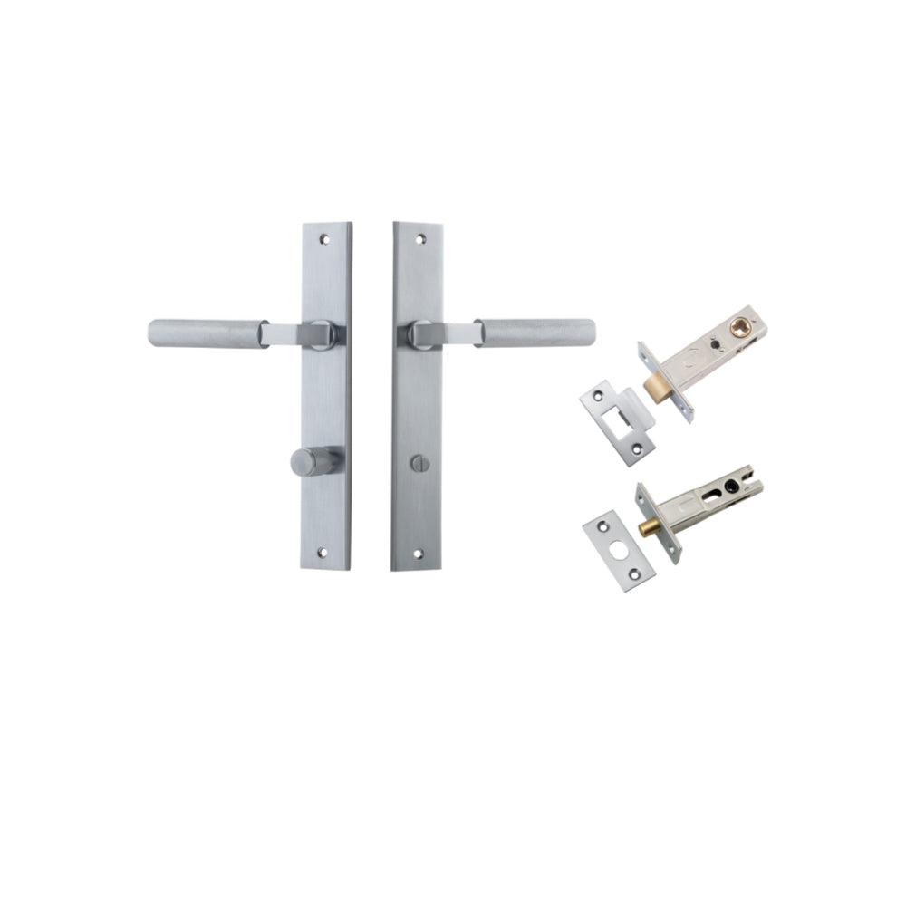Door Lever Brunswick Rectangular Privacy Brushed Chrome CTC85mm L120xP57mm BPH240xW38mm Privacy Kit, Tube Latch Split Cam 'T' Striker Brushed Chrome Backset 60mm, Privacy Bolt Round Bolt Brushed Chrome Backset 60mm in Brushed Chrome