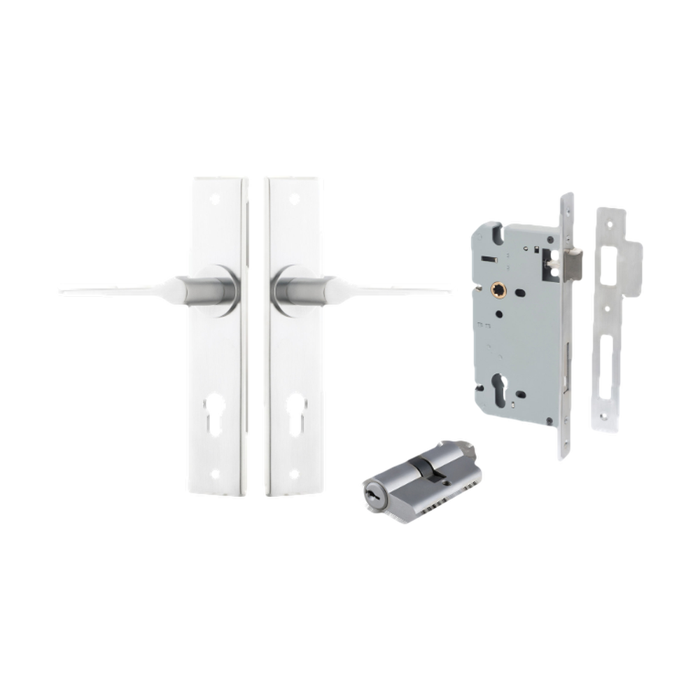 Door Lever Como Chamfered Euro Pair Brushed Chrome CTC85mm L119xP61mm BPH240xW50mm Mortice Lock Euro Brushed Chrome CTC85mm Backset 60mm, Euro Cylinder Dual Function 5 Pin Brushed Chrome 65mm KA4 in Brushed Chrome