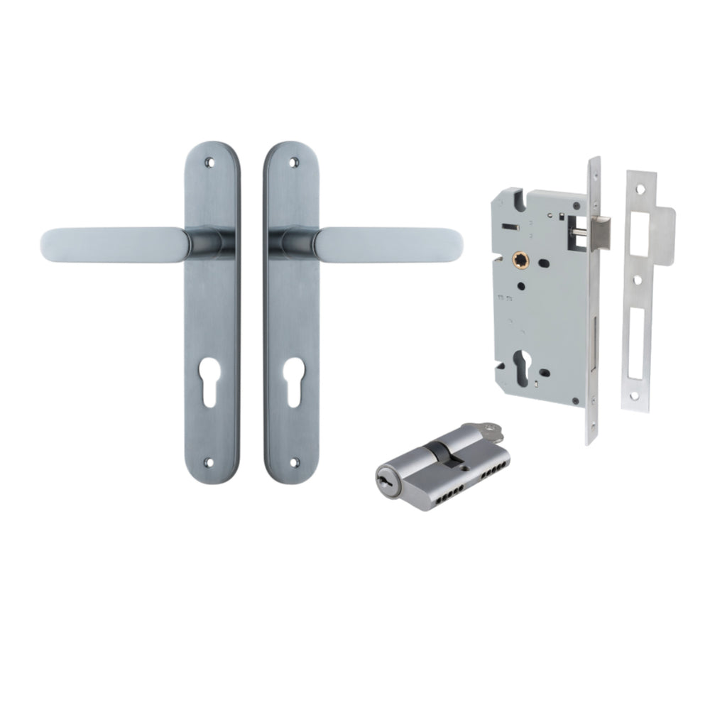 Door Lever Bronte Oval Euro Pair Brushed Chrome CTC85mm L117xP53mm BPH240xW40mm Mortice Lock Euro Brushed Chrome CTC85mm Backset 60mm, Euro Cylinder Dual Function 5 Pin Brushed Chrome 65mm KA4 in Brushed Chrome