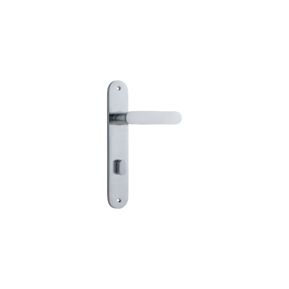 Pair of Iver Bronte lever door handles with oval backplates, featuring a sleek, modern design in a polished finish.
