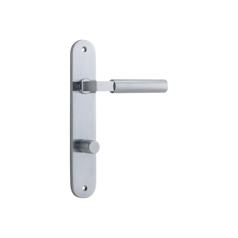 Pair of Iver Berlin lever handles with oval backplates for doors, featuring a sleek, modern design in a polished finish.