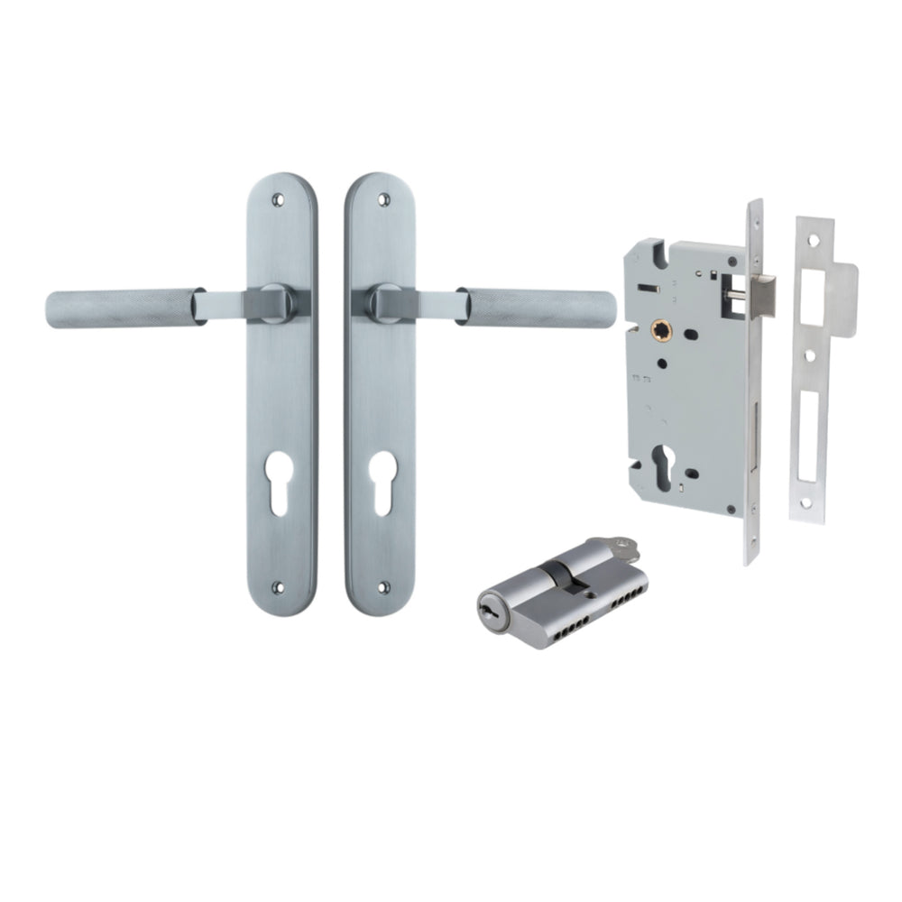 Door Lever Brunswick Oval Euro Pair Brushed Chrome CTC85mm L120xP57mm BPH240xW40mm Mortice Lock Euro Brushed Chrome CTC85mm Backset 60mm, Euro Cylinder Dual Function 5 Pin Brushed Chrome 65mm KA4 in Brushed Chrome