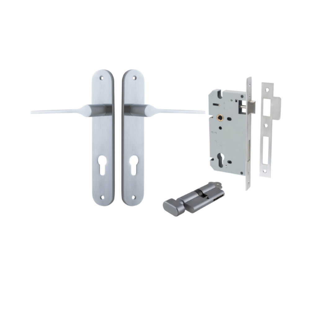 Door Lever Como Oval Euro Pair Brushed Chrome CTC85mm L119xP59mm BPH240xW40mm Mortice Lock Euro Brushed Chrome CTC85mm Backset 60mm, Euro Cylinder Key Thumb 5 Pin Brushed Chrome 65mm KA4 in Brushed Chrome