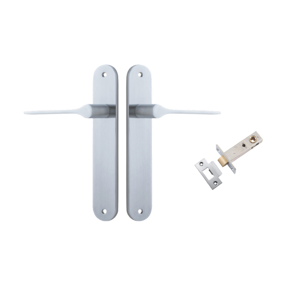 Door Lever Como Oval Brushed Chrome L119xP59mm BPH240xW40mm Passage Kit Tube Latch Split Cam 'T' Striker Brushed Chrome Backset 60mm in Brushed Chrome