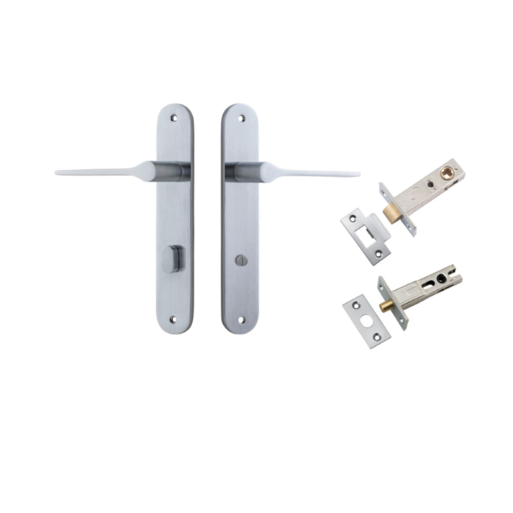Door Lever Como Oval Privacy Brushed Chrome CTC85mm L119xP59mm BPH240xW40mm Privacy Kit Tube Latch Split Cam 'T' Striker Brushed Chrome Backset 60mm, Privacy Bolt Round Bolt Brushed Chrome Backset 60mm in Brushed Chrome