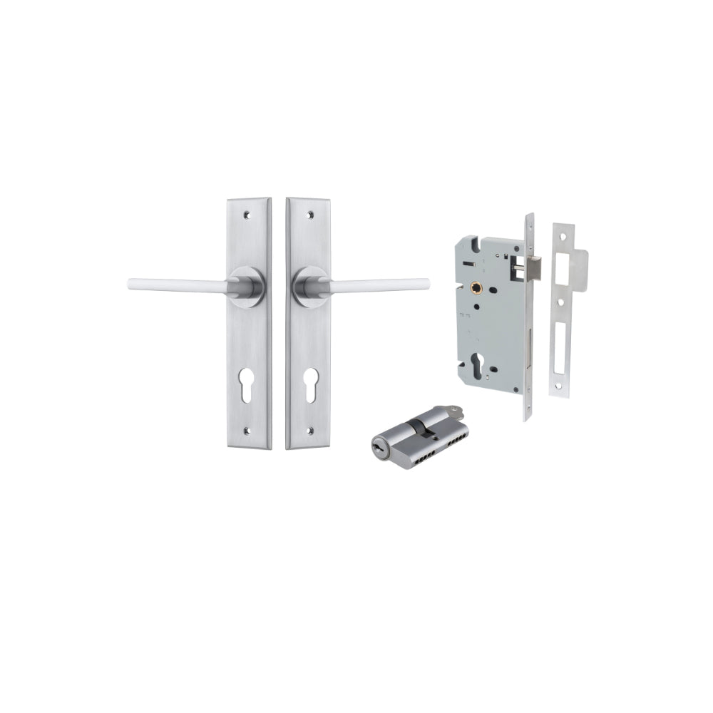 Door Lever Baltimore Chamfered Euro Pair Brushed Chrome CTC85mm L118xP56mm BPH240xW50mm Mortice Lock Euro Brushed Chrome CTC85mm Backset 60mm, Euro Cylinder Dual Function 5 Pin Brushed Chrome 65mm KA4 in Brushed Chrome