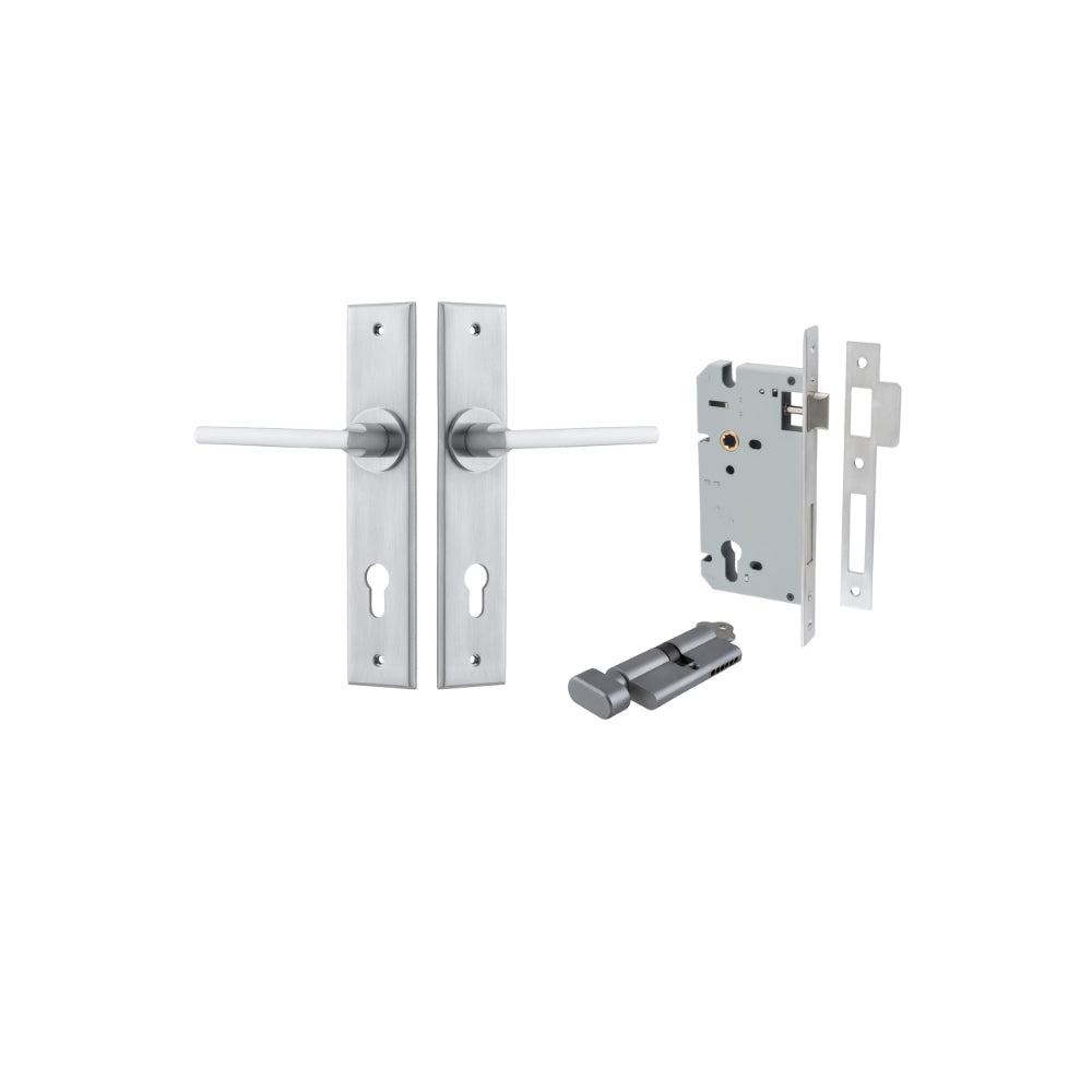 Door Lever Baltimore Chamfered Euro Pair Brushed Chrome CTC85mm L118xP56mm BPH240xW50mm Mortice Lock Euro Brushed Chrome CTC85mm Backset 60mm, Euro Cylinder Key Thumb 5 Pin Brushed Chrome 65mm KA4 in Brushed Chrome