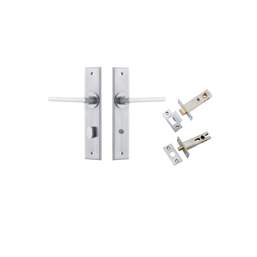 Door Lever Baltimore Chamfered Privacy Brushed Chrome CTC85mm L118xP56mm BPH240xW50mm Privacy Kit Tube Latch Split Cam 'T' Striker Brushed Chrome Backset 60mm, Privacy Bolt Round Bolt Brushed Chrome Backset 60mm in Brushed Chrome