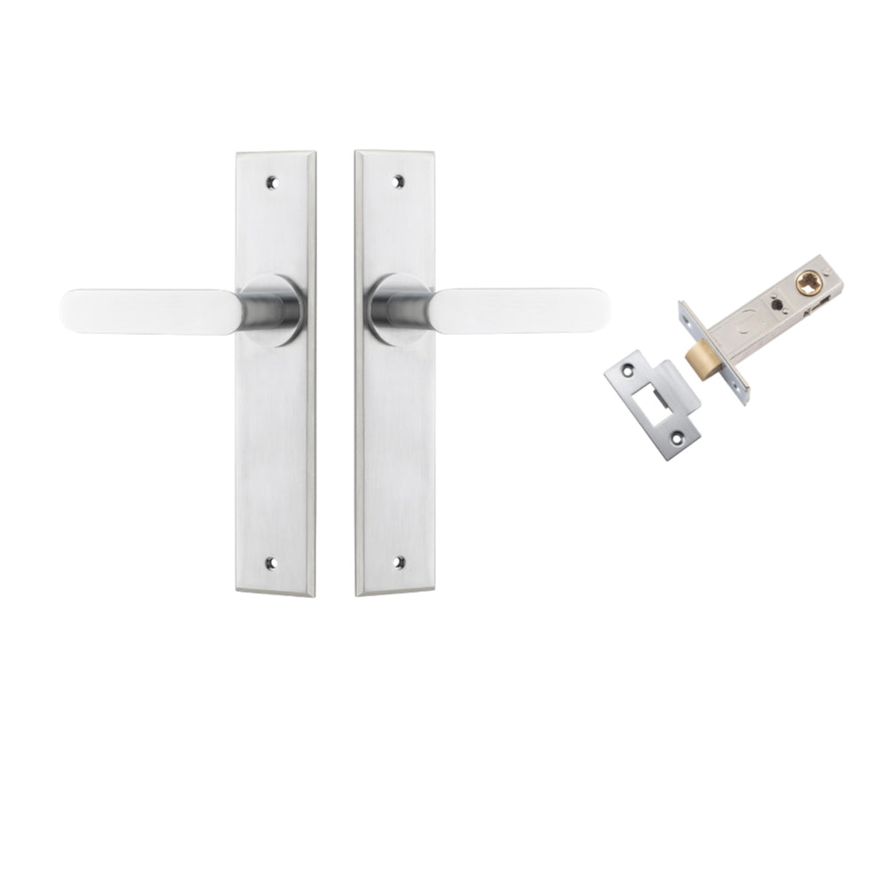 Door Lever Bronte Chamfered Brushed Chrome L117xP55mm BPH240xW50mm Passage Kit, Tube Latch Split Cam 'T' Striker Brushed Chrome Backset 60mm in Brushed Chrome