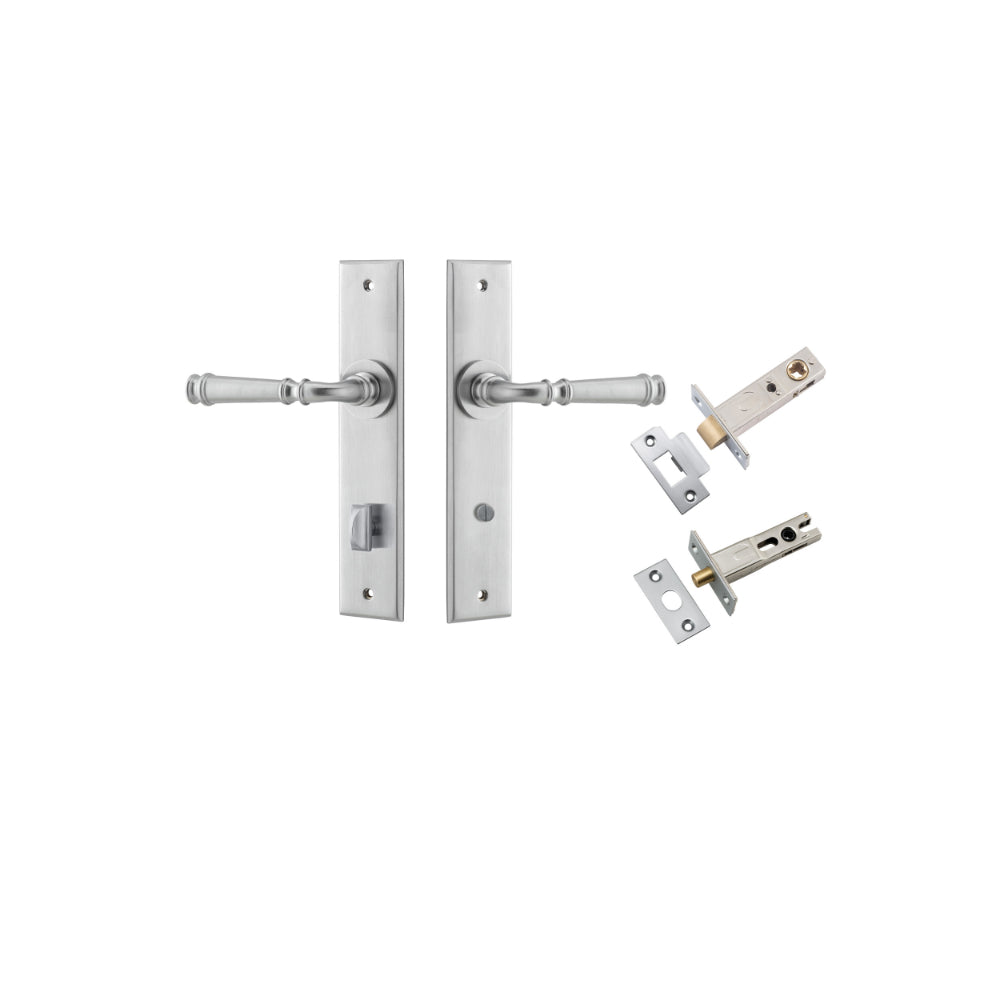 Door Lever Verona Chamfered Privacy Brushed Chrome CTC85mm L122xP58mm BPH240xW50mm Privacy Kit Tube Latch Split Cam 'T' Striker Brushed Chrome Backset 60mm, Privacy Bolt Round Bolt Brushed Chrome Backset 60mm in Brushed Chrome