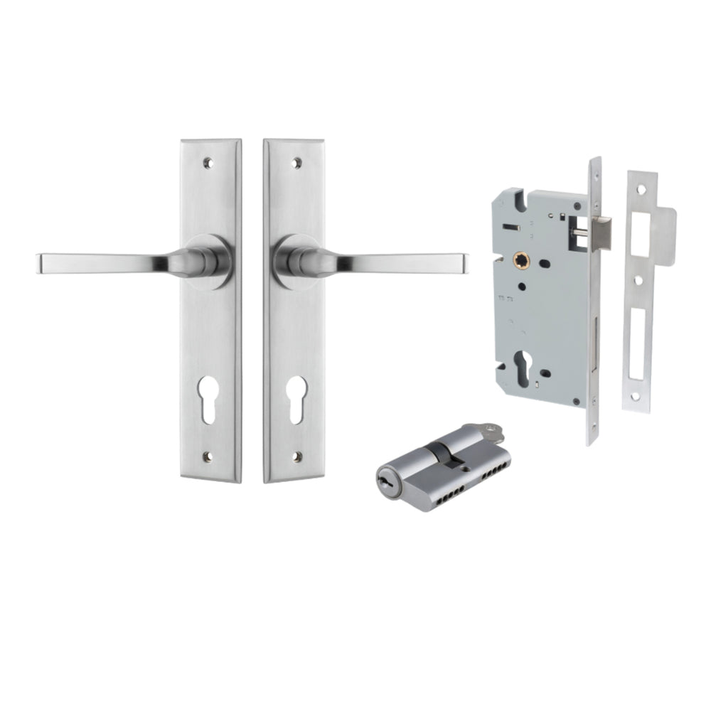 Pair of Iver Annecy lever door handles on chamfered backplates, featuring a sleek, modern design and polished finish.