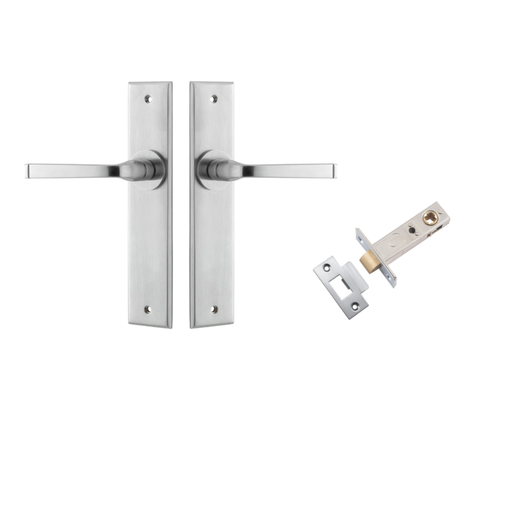 Pair of Iver Annecy lever handles on chamfered backplates, featuring sleek, modern door hardware design.