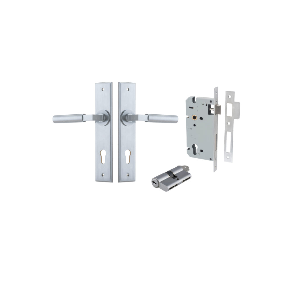 Door Lever Berlin Chamfered Euro Pair Brushed Chrome CTC85mm L120xP59mm BPH240xW50mm Mortice Lock Euro Brushed Chrome CTC85mm Backset 60mm, Euro Cylinder Dual Function 5 Pin Brushed Chrome 65mm KA4 in Brushed Chrome